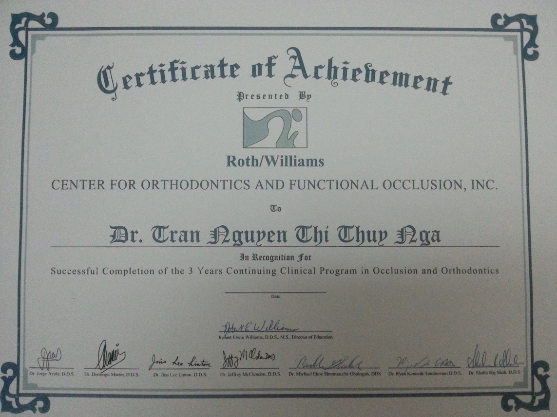 Bằng Chỉnh Nha NIỀNG RĂNG của Roth Williams HOA KỲ Cấp BS NGA